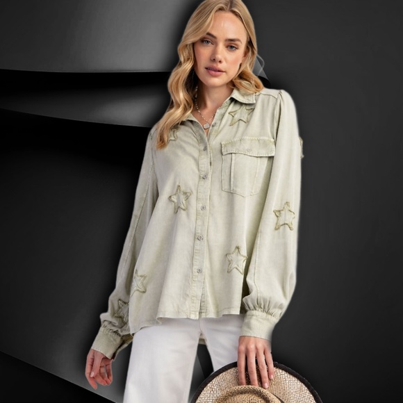 EASEL "STAR STRUCK" Super Soft Mineral Wash Lightweight Shirt, Embroidered Stars - Picture 9 of 16
